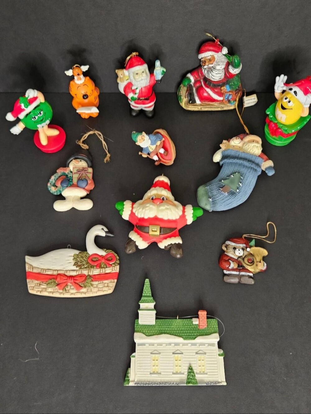 12 Vintage Christmas Tree ornaments including M&M, Santa, Heathcliff, & others